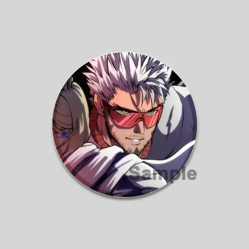 Circular punch man saitama brooch pin featuring an anime character with spiky white and purple hair and red sunglasses