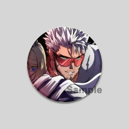Circular punch man saitama brooch pin featuring an anime character with spiky white and purple hair and red sunglasses