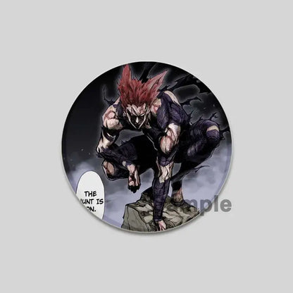 Circular one punch man saitama brooch pin featuring anime character with spiky red hair in a crouching pose
