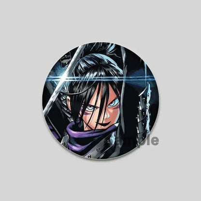 Circular punch man saitama brooch pin featuring an anime character with black hair, blue eyes, and purple scarf on armor