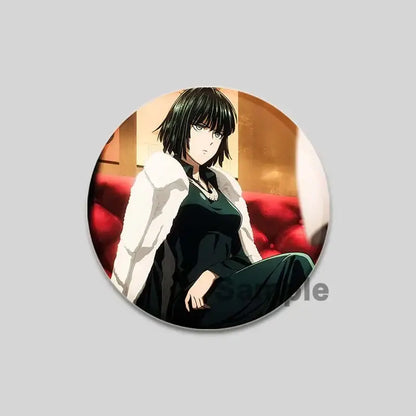 Circular man saitama brooch pin featuring an anime character with short black hair in a white fur-trimmed coat