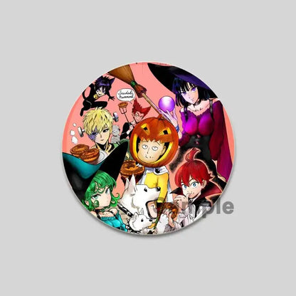 Colorful circular punch man saitama halloween-themed brooch pin featuring pumpkin-headed boy and witch anime characters