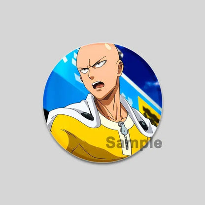 Circular punch man saitama brooch pin featuring the anime character in yellow outfit with intense expression on blue background