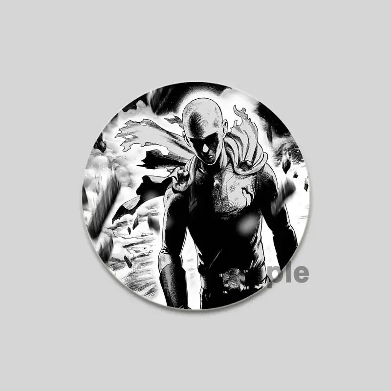 Black-and-white circular punch man saitama brooch pin featuring the character in a dynamic pose with flowing cape