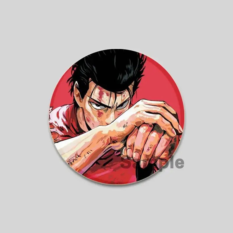 Circular one punch man saitama brooch pin featuring black hair anime character in red shirt on vibrant red background