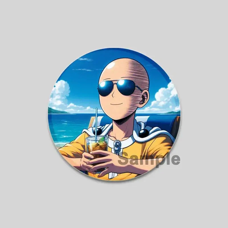 Round punch man saitama brooch pin featuring anime character with sunglasses in yellow shirt on beach background