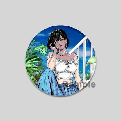 Circular punch man saitama brooch pin featuring anime woman with short black hair in white top and blue pants on tropical background