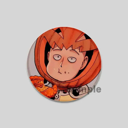 Orange circular one punch man saitama brooch pin featuring cartoon character with spiky hair in hooded outfit