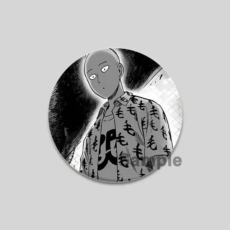 Circular black-and-white punch man saitama brooch pin featuring saitama in his signature robe with japanese characters