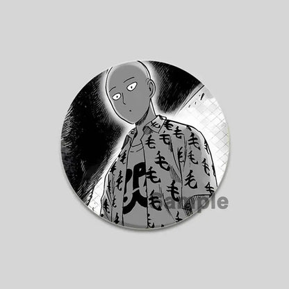 Circular black-and-white punch man saitama brooch pin featuring saitama in his signature robe with japanese characters