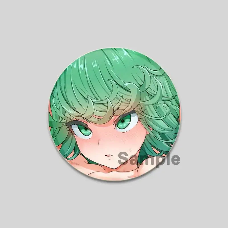 Circular glossy punch man saitama brooch pin featuring anime character with vibrant green hair and matching eyes
