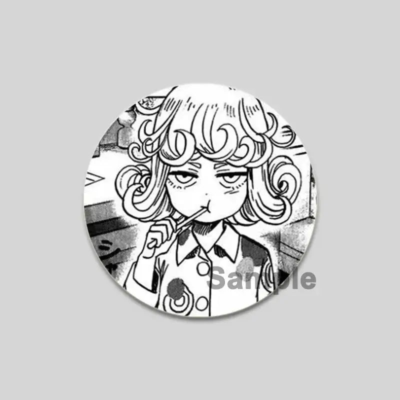 Circular black-and-white punch man saitama brooch pin featuring an anime-style character with curly hair and collared shirt