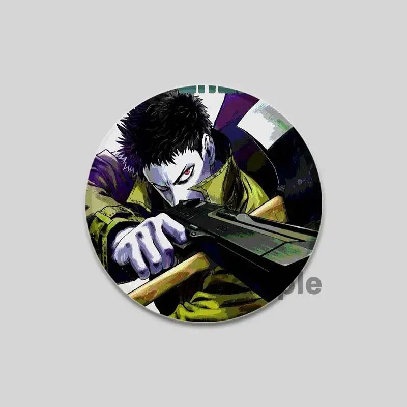 One punch man saitama brooch pin featuring an anime character with spiky black hair and rifle on round cartoon badge