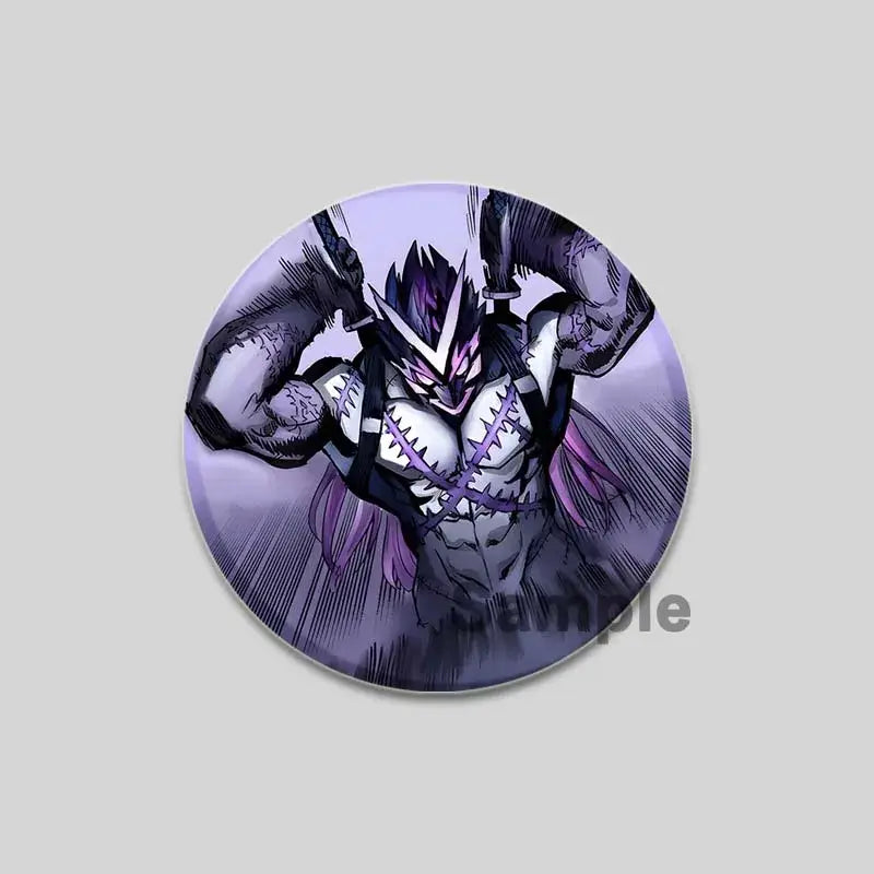 Purple and black illustrated round punch man saitama brooch pin featuring muscular anime character with dual swords
