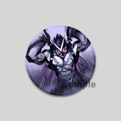 Purple and black illustrated round punch man saitama brooch pin featuring muscular anime character with dual swords