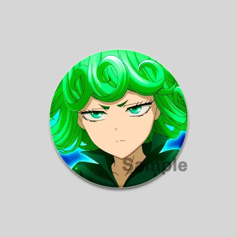 Round punch man saitama brooch pin featuring anime character with vibrant green curly hair and teal eyes