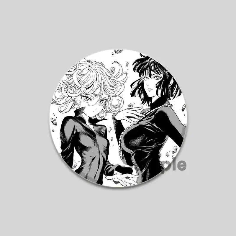 Black and white circular punch man saitama brooch pin featuring two anime characters in dynamic pose with detailed shading