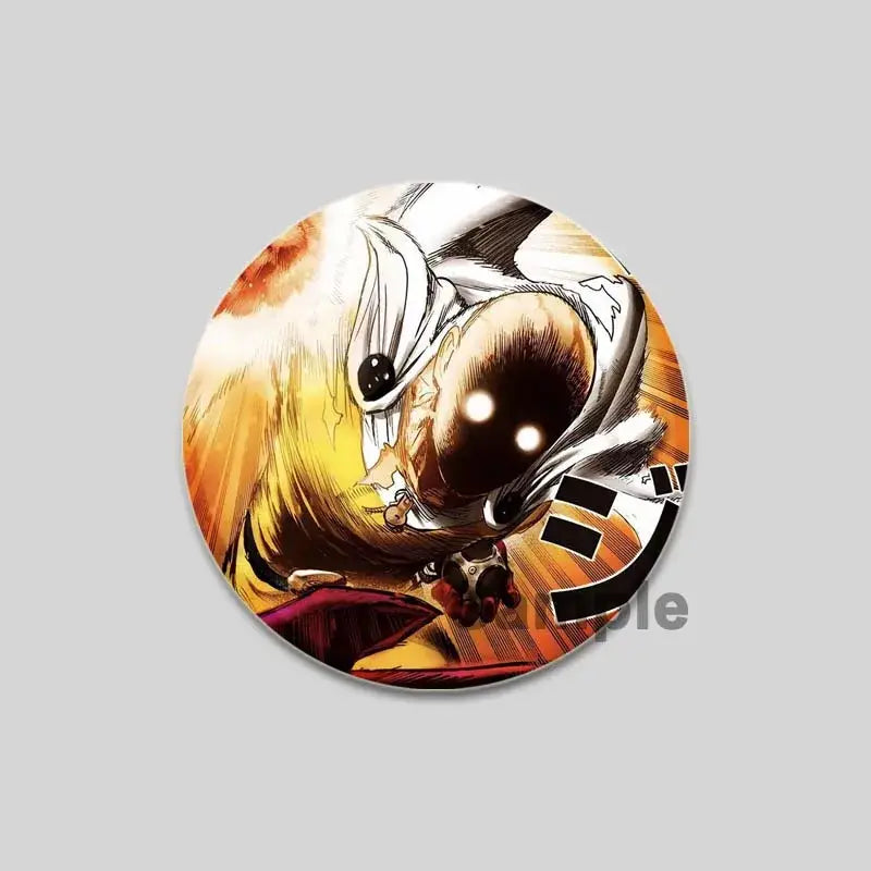 Circular punch man saitama brooch pin featuring glowing white eyes and golden hair in black and white manga style