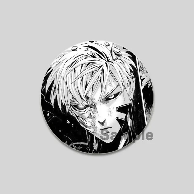 Black-and-white circular man saitama brooch pin with spiky white hair and half-mechanical face from one punch man
