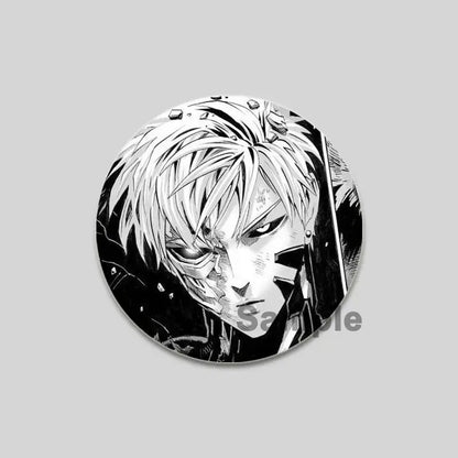 Black-and-white circular man saitama brooch pin with spiky white hair and half-mechanical face from one punch man