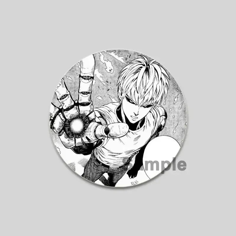 Black-and-white circular pin featuring punch man saitama in a dynamic pose emitting energy one punch man brooch pin