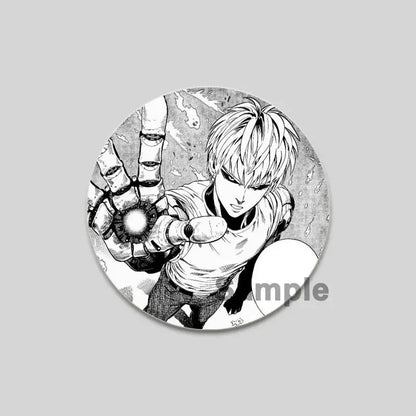 Black-and-white circular pin featuring punch man saitama in a dynamic pose emitting energy one punch man brooch pin