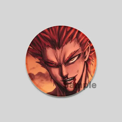 Circular punch man saitama brooch pin featuring anime character with spiky red hair on fiery orange background