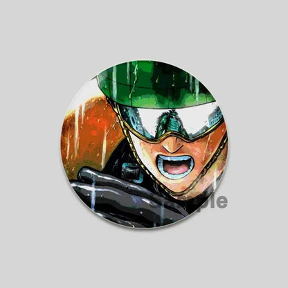 Circular one punch man saitama brooch pin featuring a vibrant comic-style character in green helmet and goggles