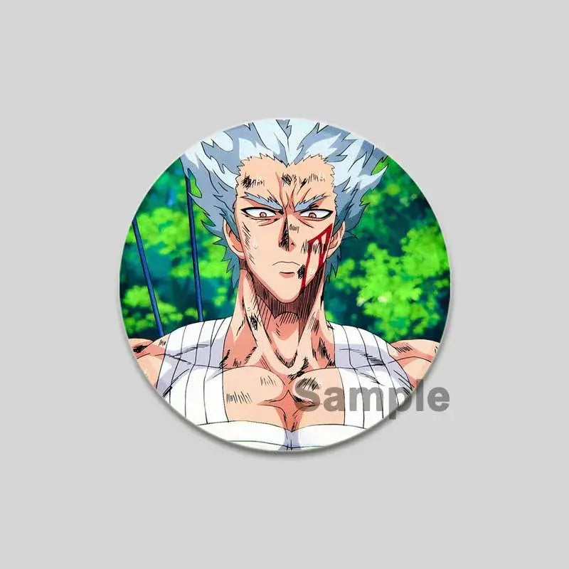 Circular one punch man saitama brooch pin featuring anime character with spiky silver hair and bloodied face