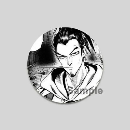 Black-and-white circular punch man saitama brooch pin featuring manga-style anime character with intense eyes and spiky hair