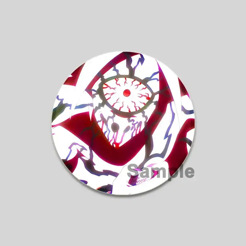 Circular punch man saitama brooch pin featuring a stylized anime eye design with red white and purple accents