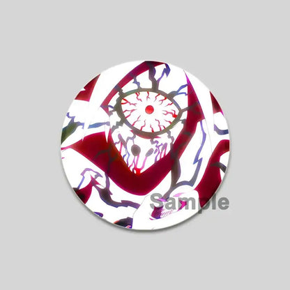 Circular punch man saitama brooch pin featuring a stylized anime eye design with red white and purple accents