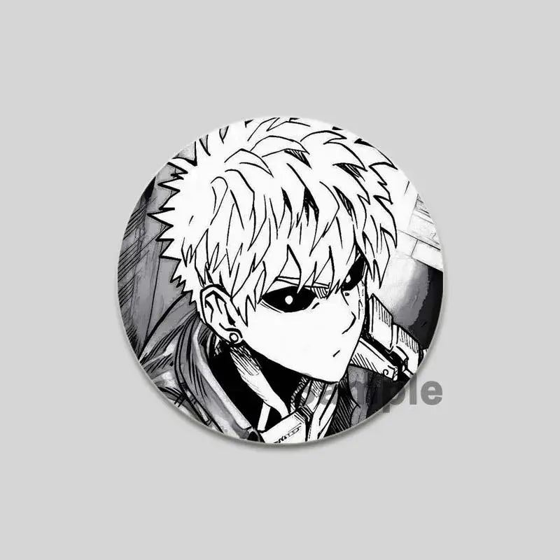 Black-and-white round punch man saitama brooch pin featuring a stylized anime character with spiky hair and intense eyes