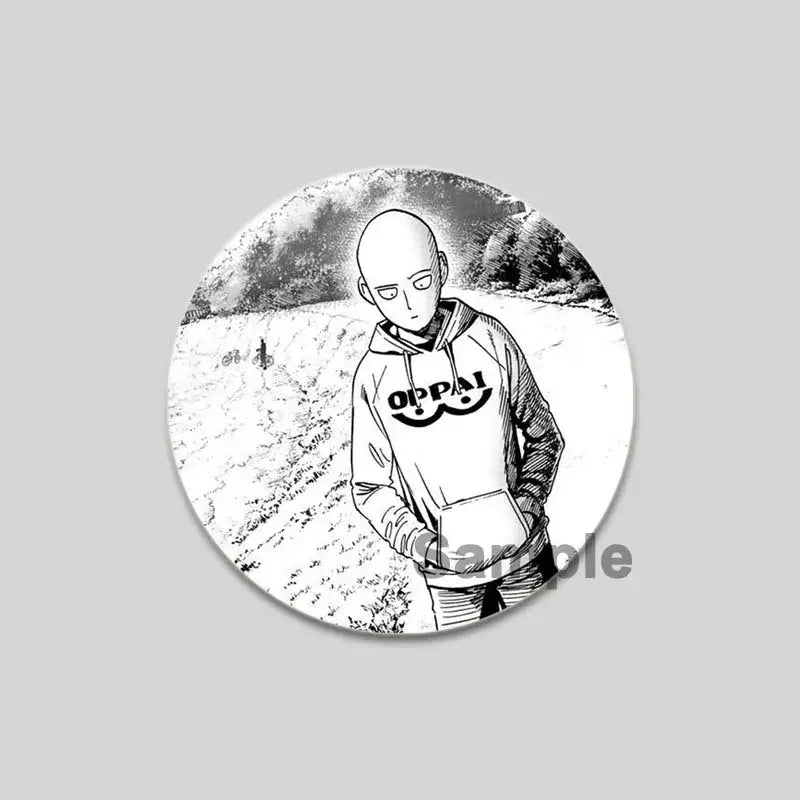 Circular black and white punch man saitama brooch pin featuring saitama in a hoodie with oppai print