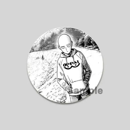 Circular black and white punch man saitama brooch pin featuring saitama in a hoodie with oppai print