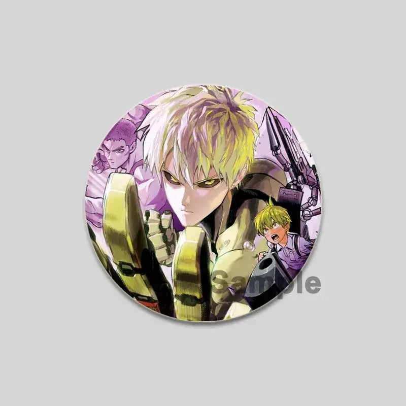 Circular purple button featuring punch man saitama with spiky blonde hair and yellow eyes in dynamic pose brooch pin
