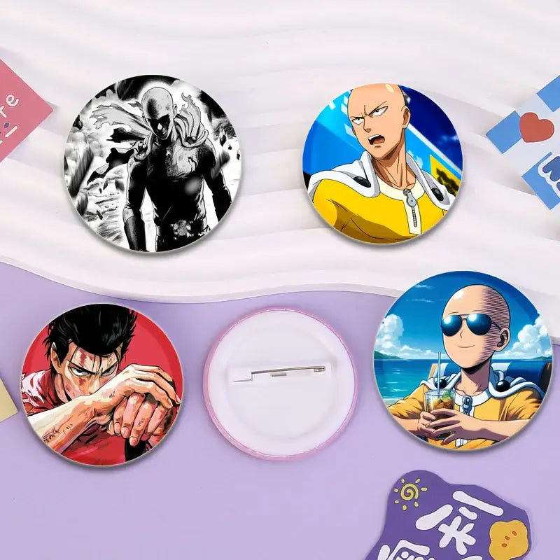 Circular punch man saitama brooch pin featuring anime characters in black and white with yellow, blue, red, and orange designs