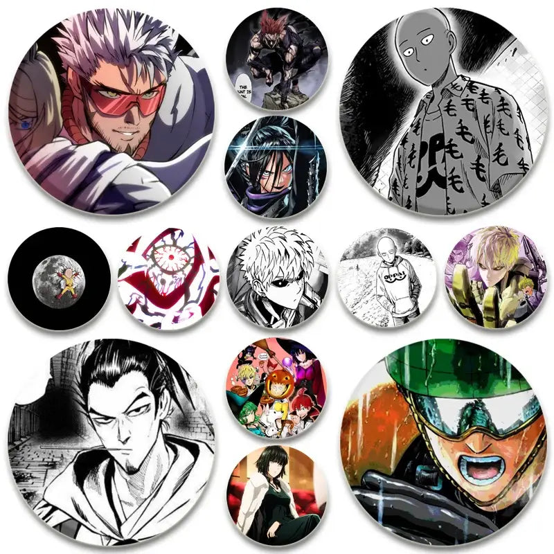 Collection of vibrant circular anime badges featuring punch man saitama character in detailed cartoon artwork