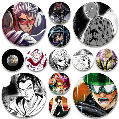 Collection of vibrant circular anime badges featuring punch man saitama character in detailed cartoon artwork