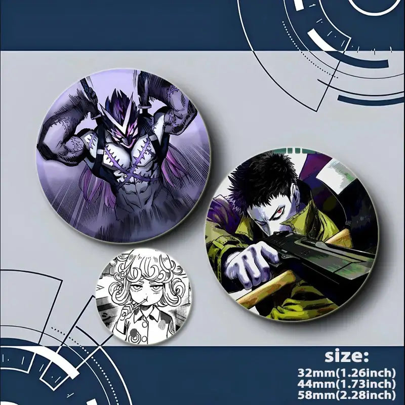 Purple and black circular one punch man saitama brooch pin featuring anime character-themed design