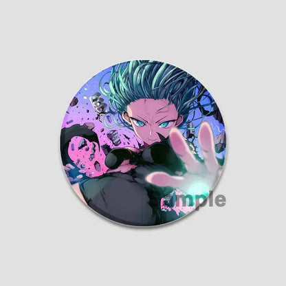 Circular man saitama button pin featuring an anime character with spiky teal hair and blue eyes on purple background