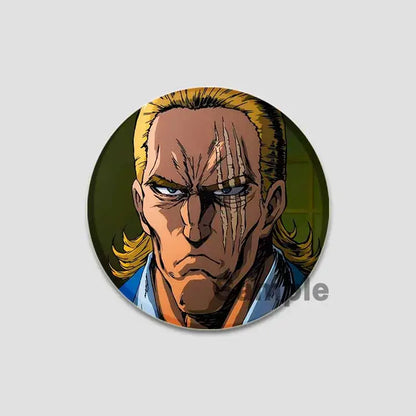 Circular punch man saitama button pin with detailed blond scarred anime character in blue collared shirt