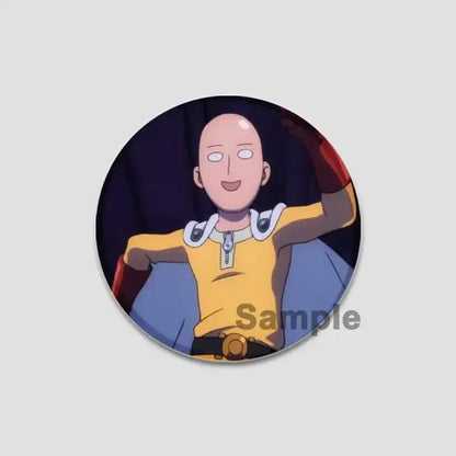 Circular one punch man saitama button pin featuring the character in yellow and blue outfit with a cheerful expression