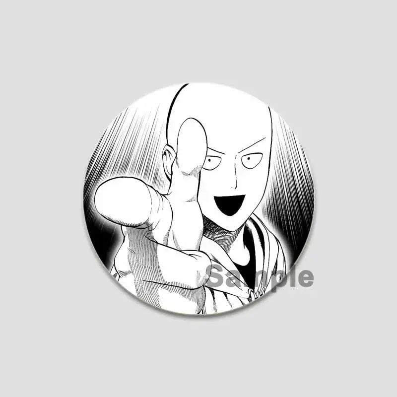 Black-and-white circular man saitama button pin featuring punch man saitama with bald head and pointing finger design