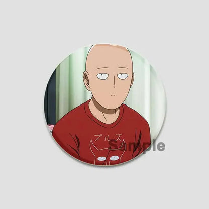 Red circular punch man saitama button pin featuring saitama in a red t-shirt with white japanese text and cat-like eyes