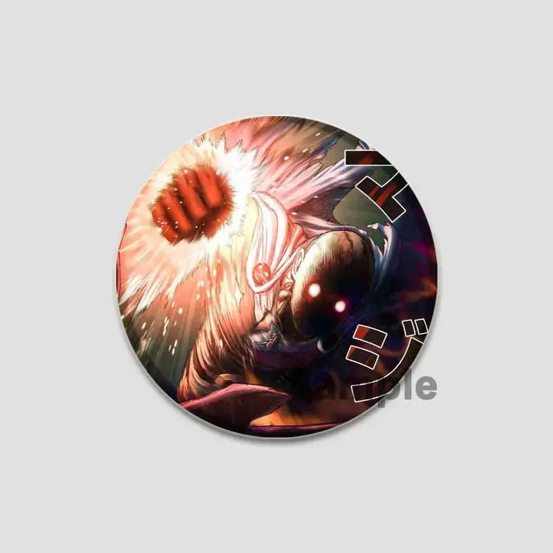 Circular one punch man saitama button pin with glowing red eyes and bright energy on glossy vibrant material