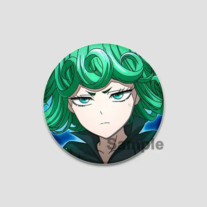 Circular man saitama button pin featuring anime character with vibrant green curly hair and striking blue eyes
