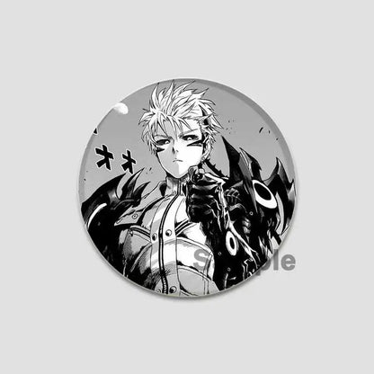 Black-and-white circular punch man saitama button pin featuring anime character in detailed armored outfit