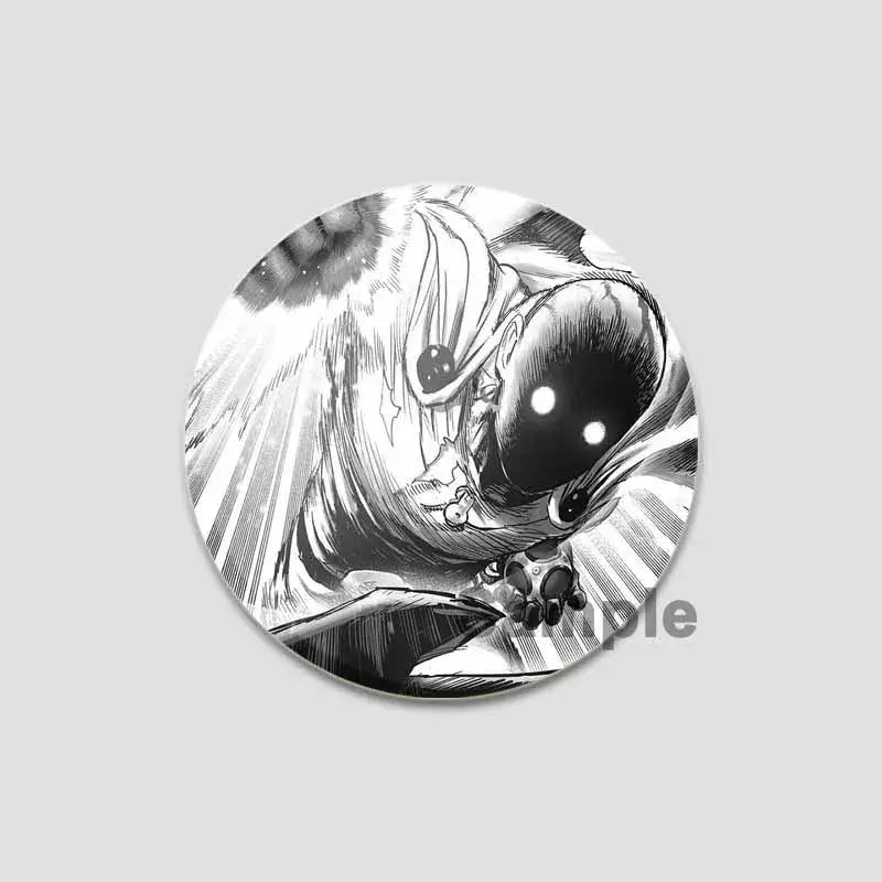 Circular black and white punch man saitama button pin featuring manga-style astronaut with glowing white eyes and detailed linework