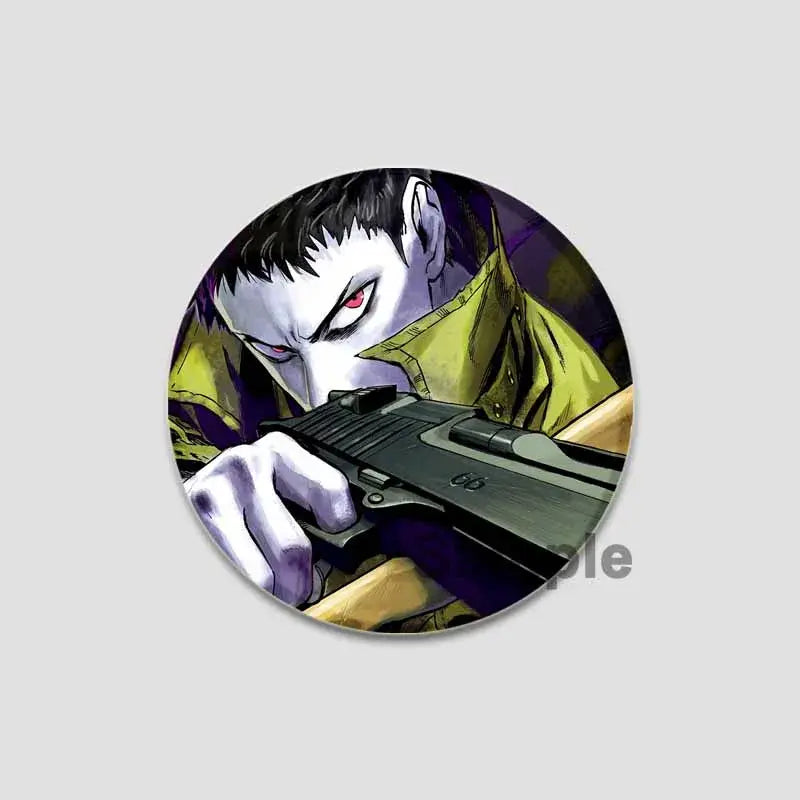 Circular man saitama button pin featuring an anime character with white skin red eyes black hair and yellow jacket holding a gun